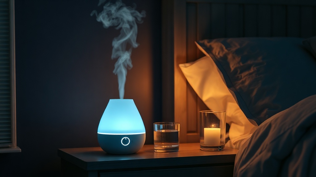 A small humidifier releasing soft mist on a nightstand beside a glass of water at night