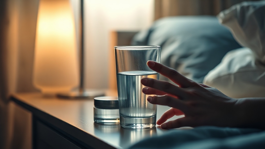 A hand reaching for a glass of water on a bedside table at night