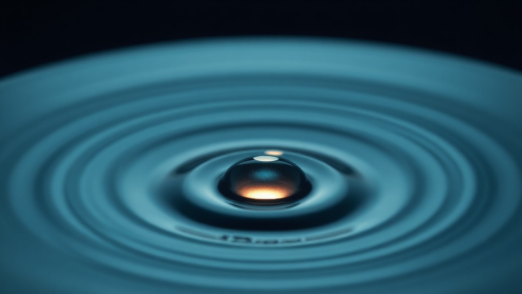 A single luminous water droplet with soft concentric ripples against a dark background