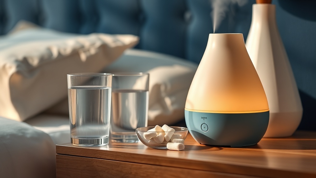 A calm bedside setup with water, sugar-free gum and a humidifier for morning dry-mouth relief