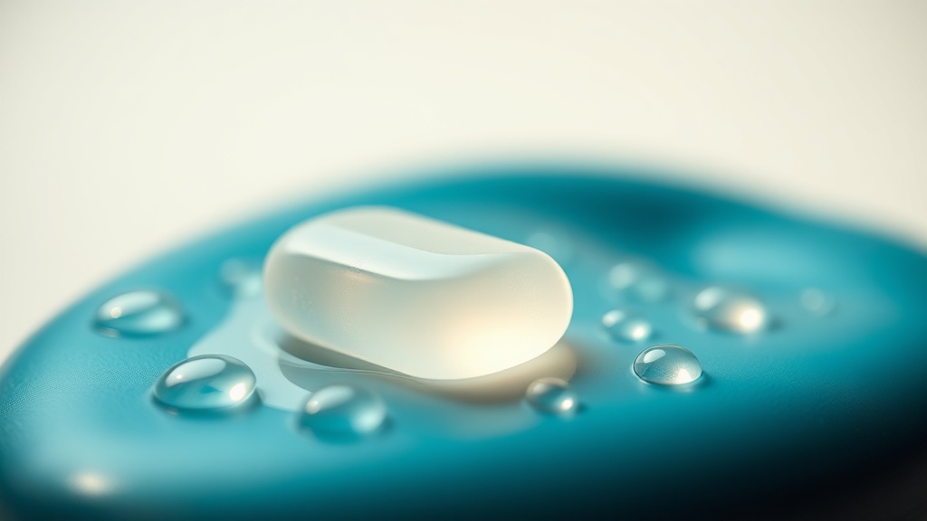 A single translucent lozenge dissolving with droplets of moisture beading around it