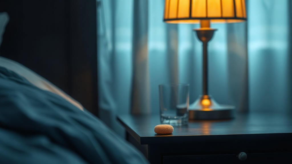 A small adhering disc beside a glass of water on a nightstand under a warm lamp