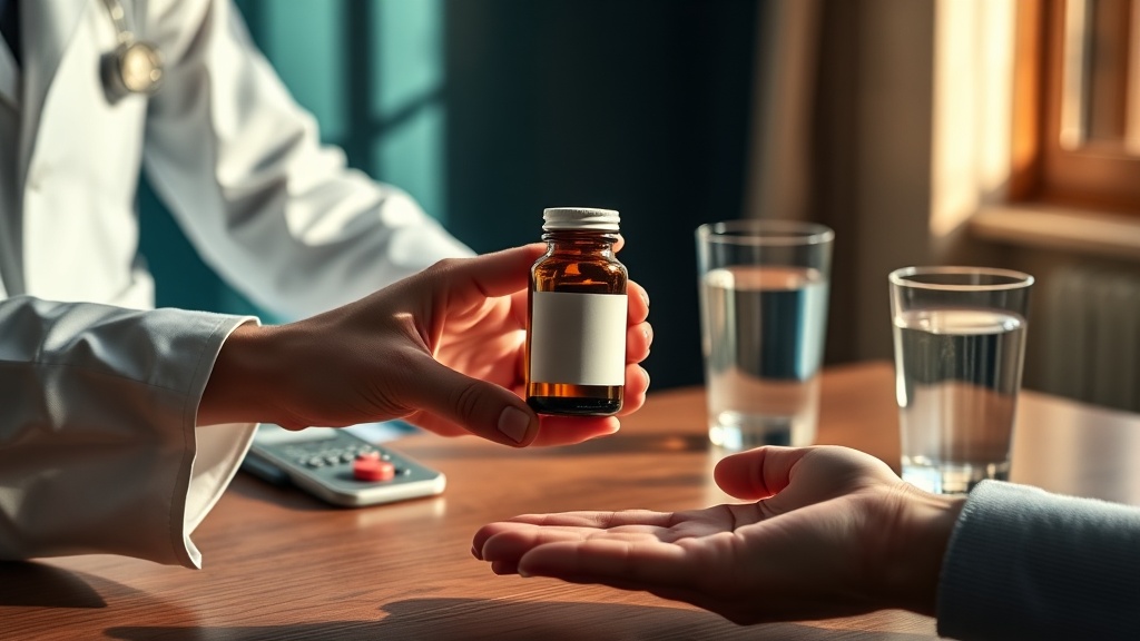 A physician handing a prescription bottle to a patient across a desk