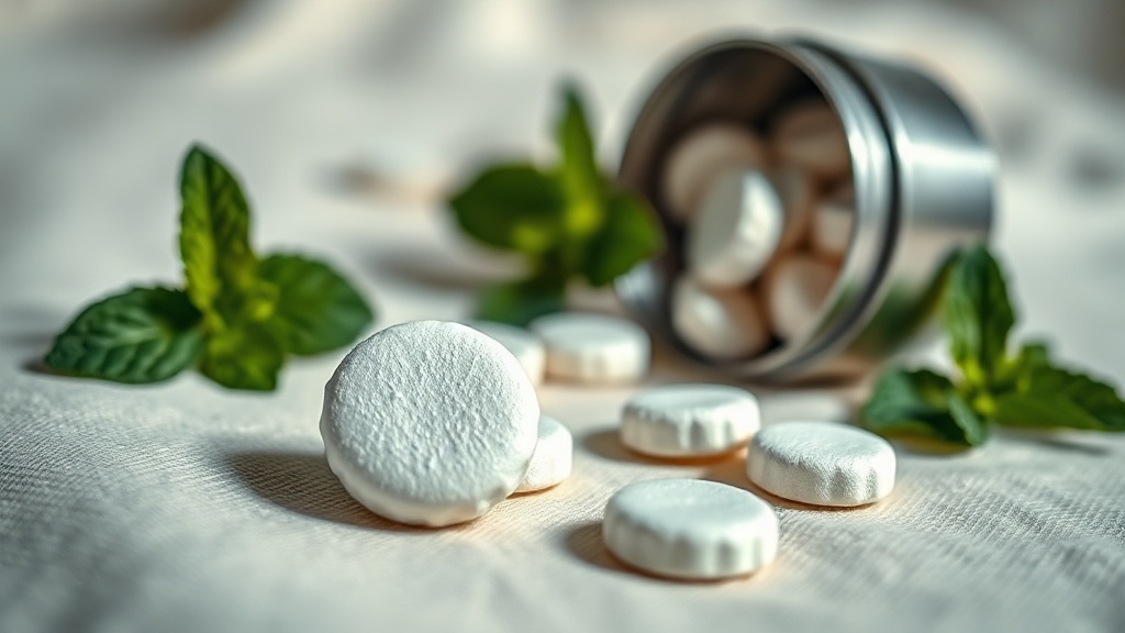 Sugar-free mints spilling from a tin onto a soft cream surface with fresh mint leaves