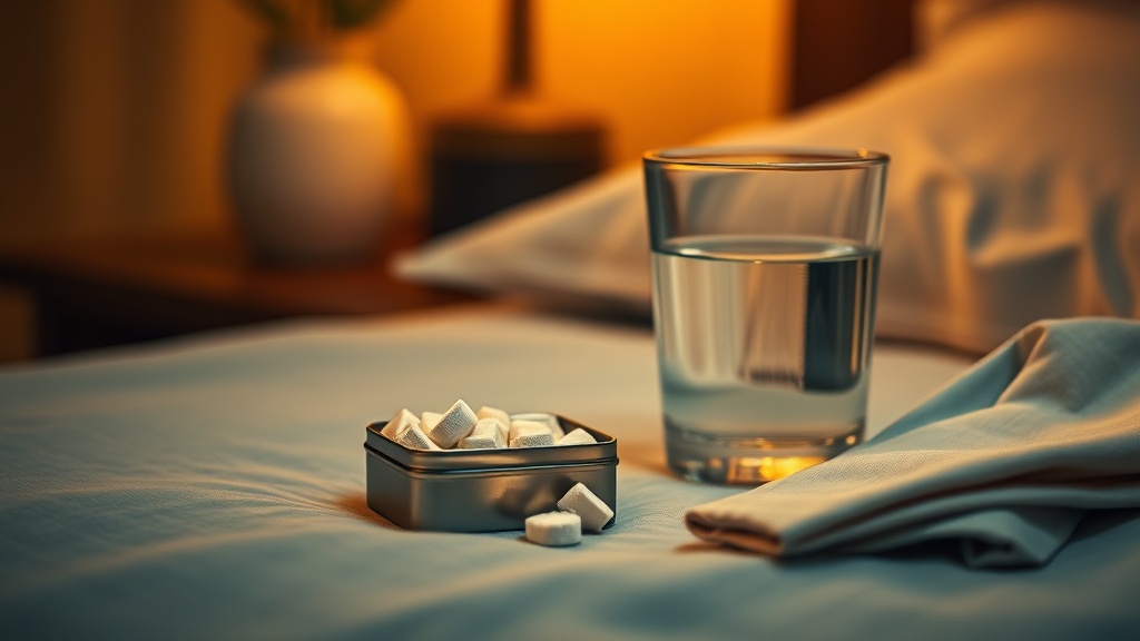 An open tin of mints beside a glass of water on a calm bedside at night