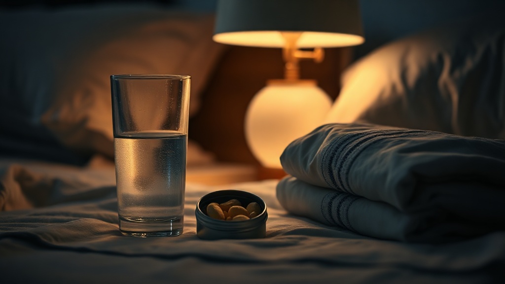 A bedside glass of water and a small tin of overnight lozenges beside a warm lamp at night
