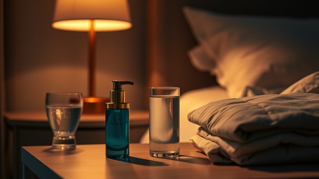 A calm bedside table at night with a small rinse bottle and a glass of water