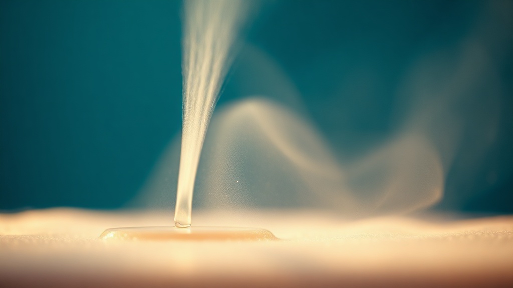 An ultra-fine spray mist settling as a thin protective moisture layer on a glowing surface