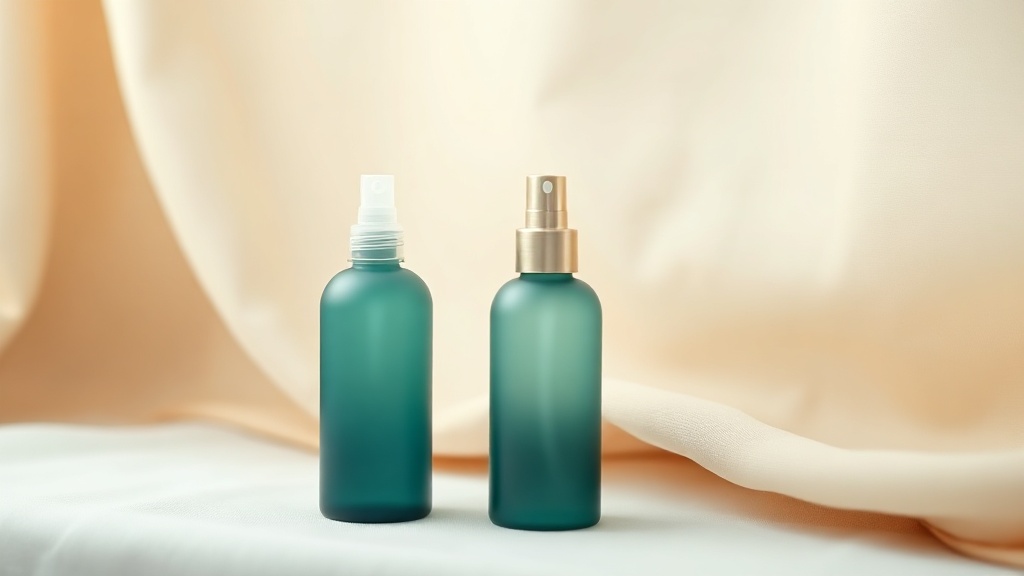 A calm row of minimalist frosted spray bottles on soft cream linen