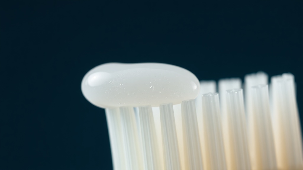 Macro close-up of a bead of toothpaste resting on soft toothbrush bristles