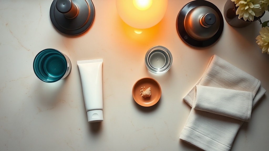 Calm evening bathroom counter with an unbranded toothpaste tube, a glass of water and folded linen