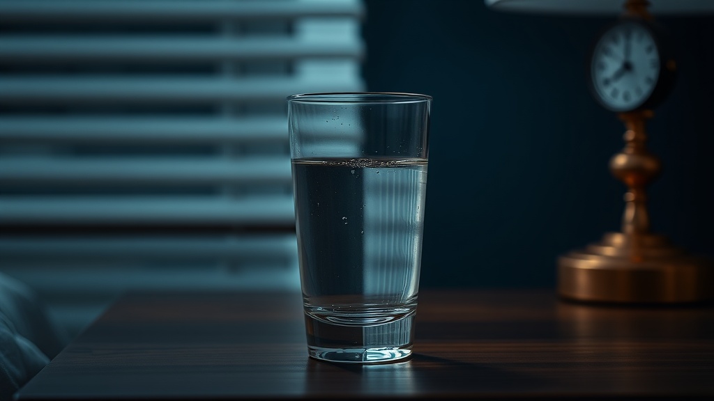 A glass of water on a dark nightstand lit by moonlight