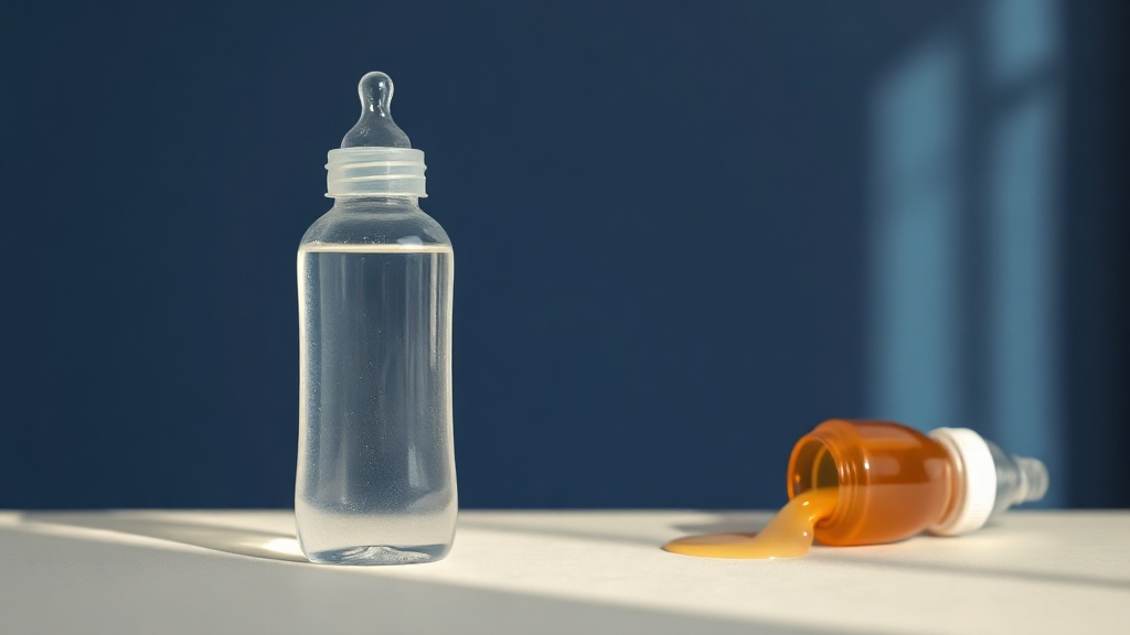 A baby bottle of water standing upright beside a tipped bottle spilling a sugary amber drink