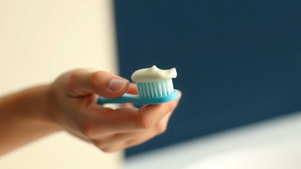 A clean adult hand holding a small child's toothbrush with a rice-grain amount of toothpaste