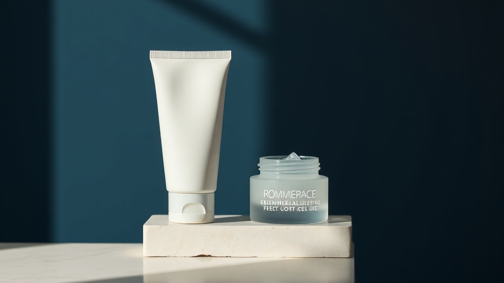 A calm still life of remineralizing toothpaste and a leave-on gel representing mineral sources