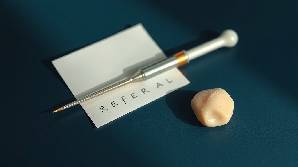 Still-life of a medical instrument and referral note representing the decision to see an ENT