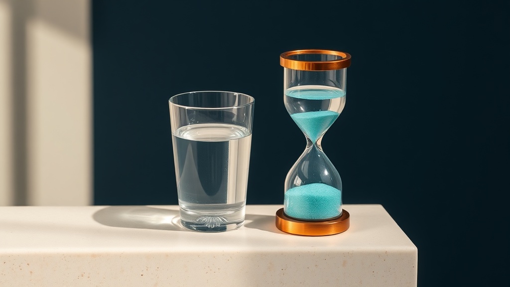 A glass of water and a soft toothbrush with a small timer, conceptual