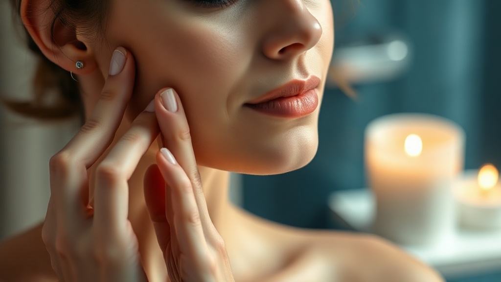 A person calmly massaging the cheek and jaw muscle in a relaxed self-care gesture