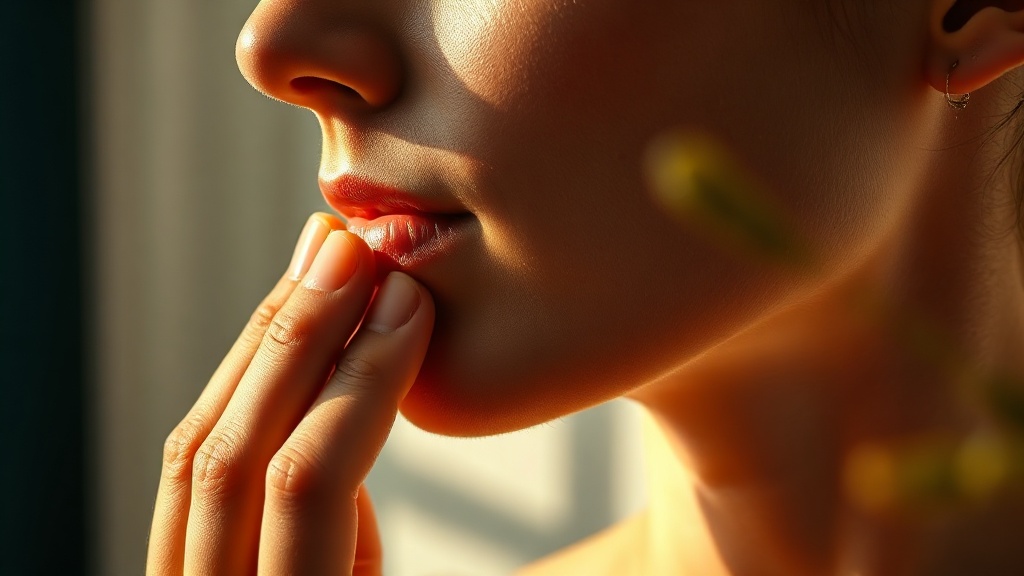 Close-up of a person resting their fingertips on their lower face, noticing jaw tension