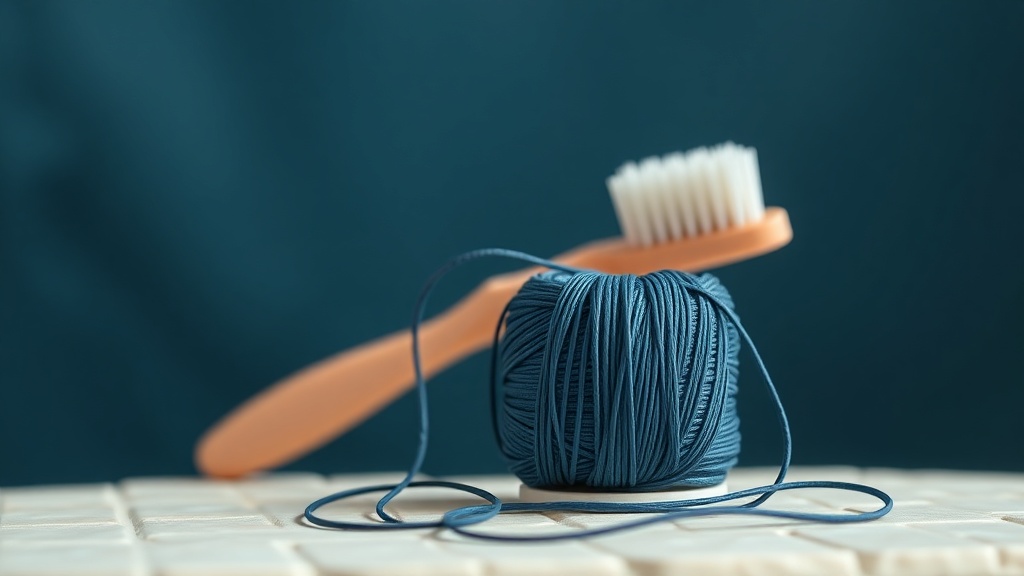 Dental floss and a toothbrush arranged to show floss first then brush