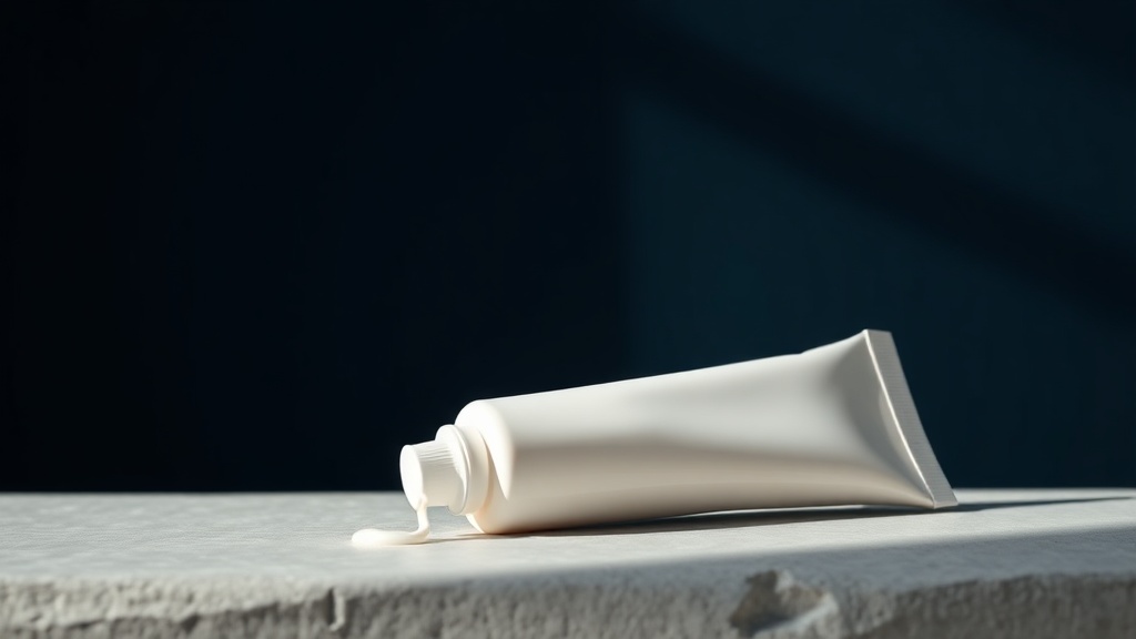 Still-life of a tube of hydroxyapatite toothpaste on a calm surface