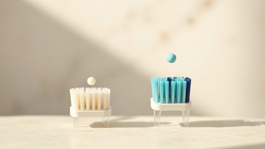 Two children toothbrushes showing a rice-grain smear and a pea-size dab of toothpaste for age-appropriate dosing