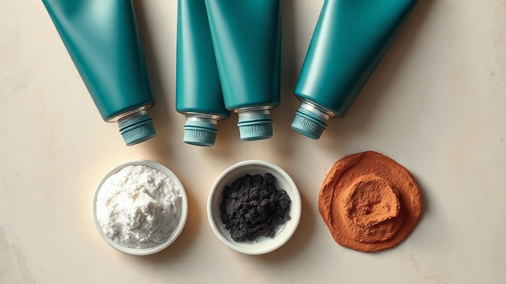 A row of unbranded toothpaste tubes on cream stone, each paired with an ingredient dish of white mineral powder, charcoal and clay