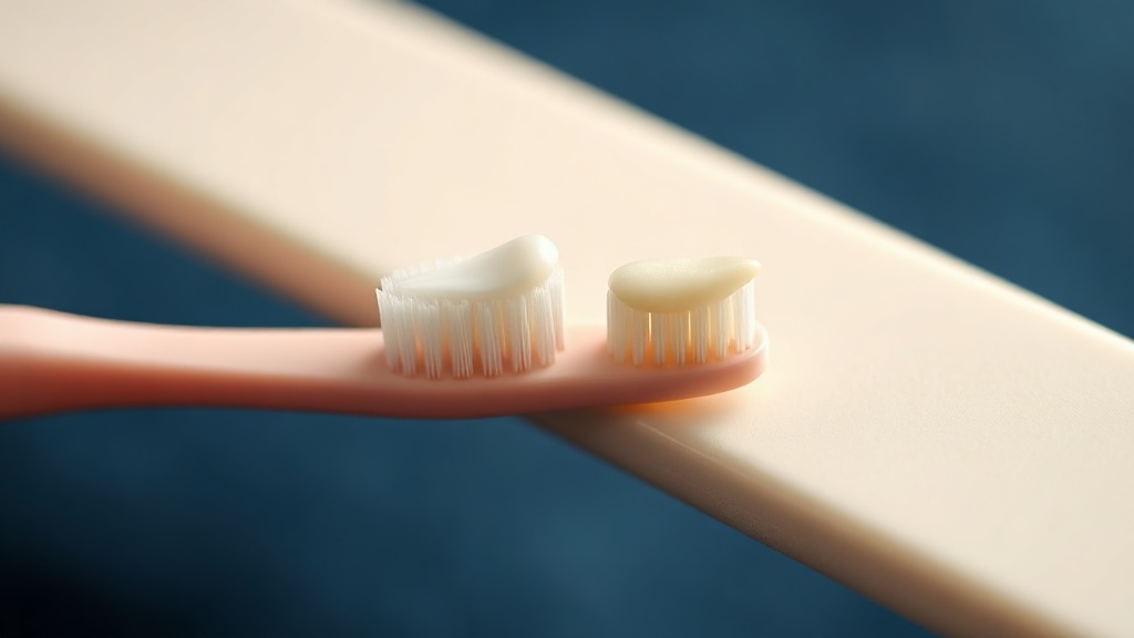 Two child toothbrushes, one with a rice-grain smear and one with a pea-size amount of toothpaste