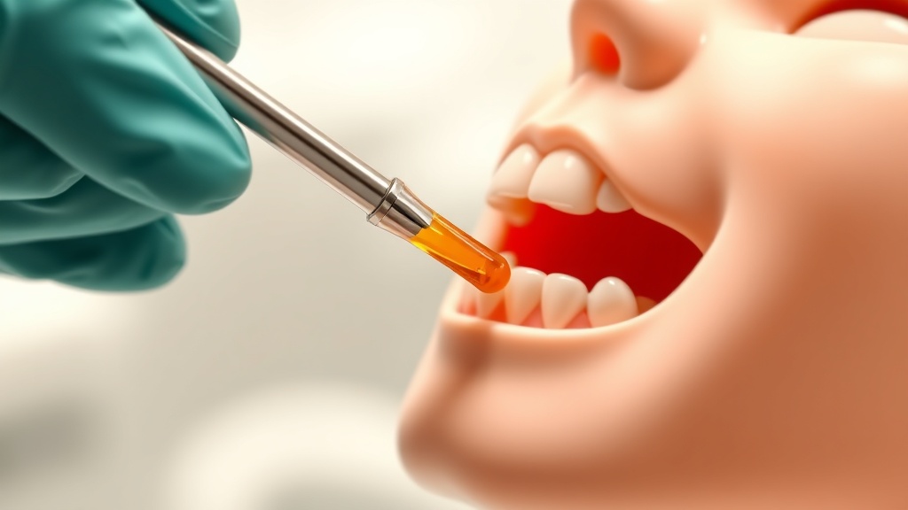 A gloved hand painting a thin translucent amber fluoride varnish onto a tooth on a pediatric dental model
