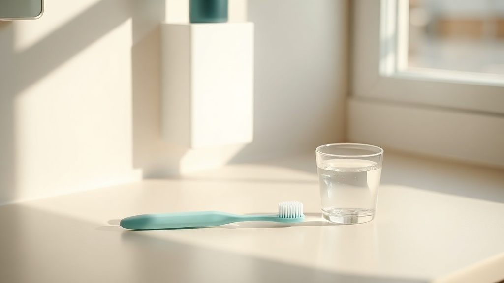 A child's soft toothbrush and a small glass of water on a cream bathroom counter in morning light