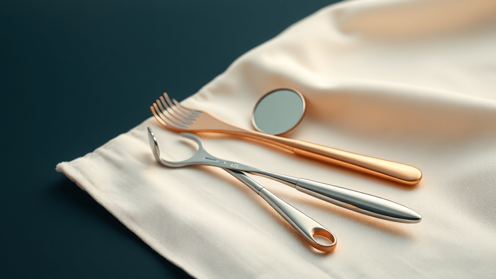 Dental hygienist tools laid out for a professional cleaning in warm editorial light