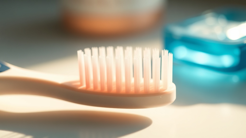 A soft toothbrush with a faint trace of pink, suggesting bleeding gums
