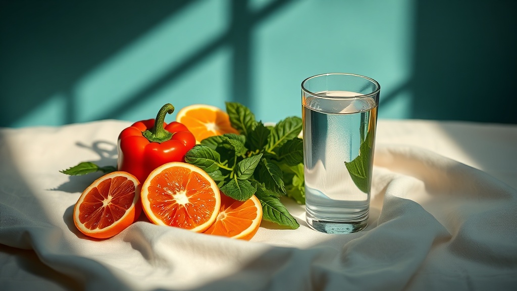 Fresh vitamin-C-rich foods and a glass of water in warm editorial light