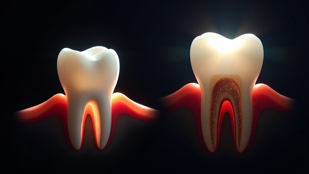 A luminous comparison of a healthy inflamed gumline and one with bone loss