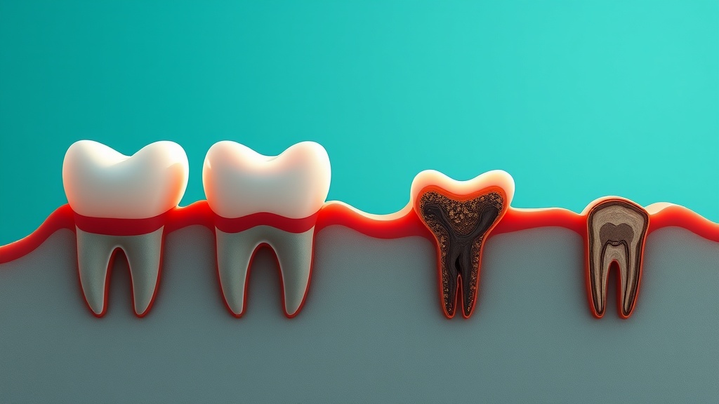 A continuum illustration from healthy gum through gingivitis to periodontitis