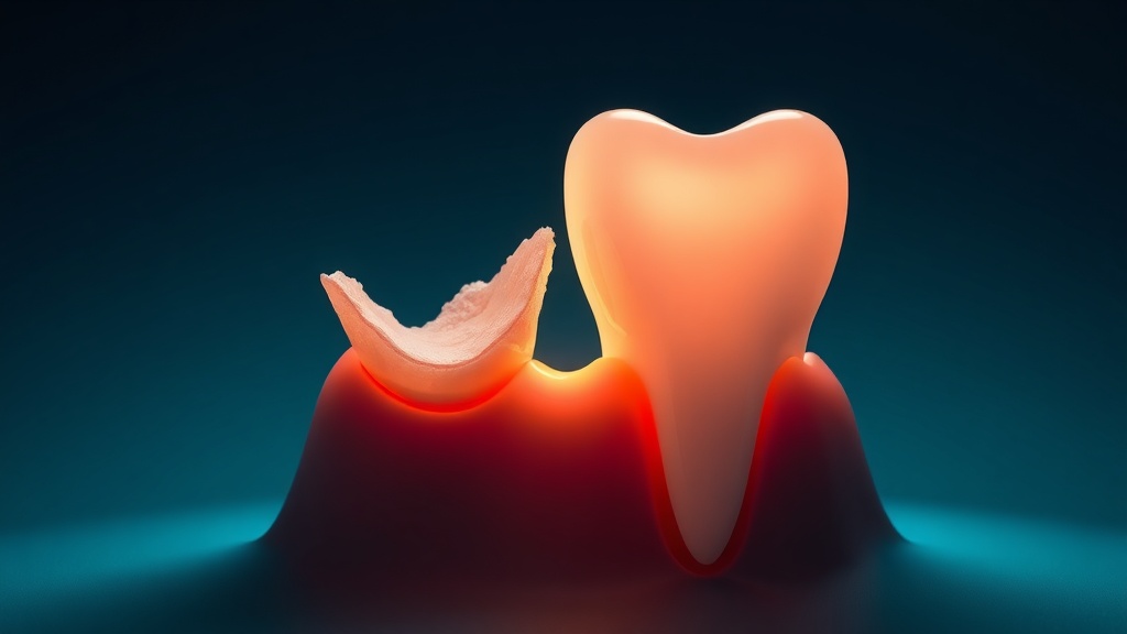 Conceptual close-up contrasting an exposed tooth root with the same tooth after gum tissue is restored