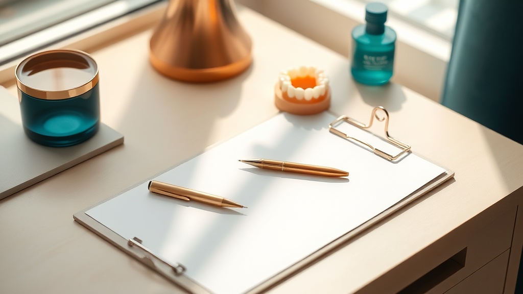 Calm still-life of a dental estimate on a clipboard beside a model of teeth and gums