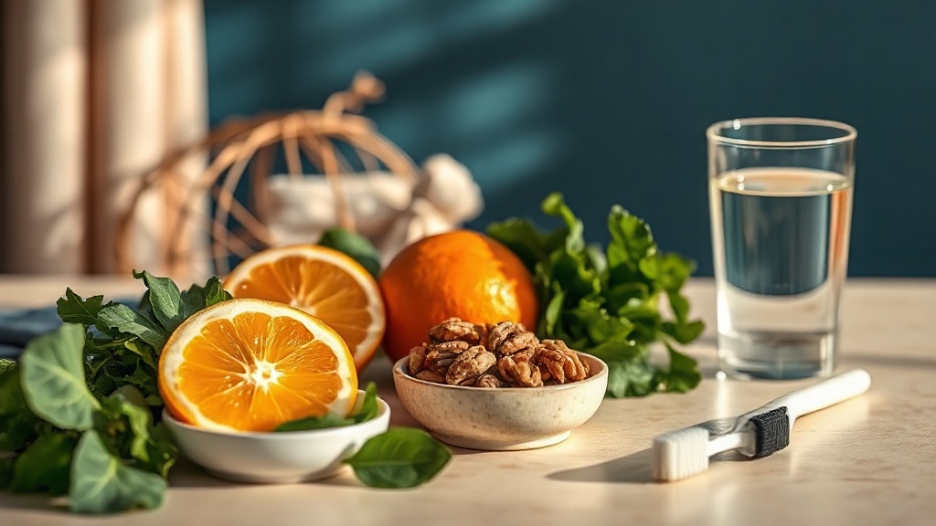 An inviting arrangement of anti-inflammatory foods and a soft toothbrush in warm natural light