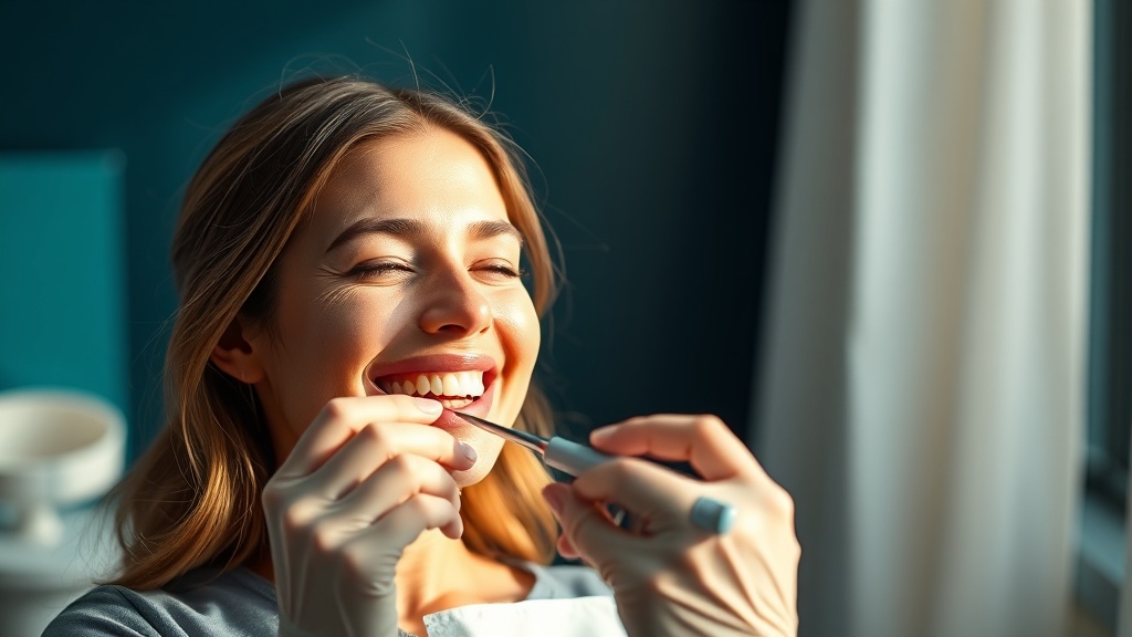 A hygienist gently checking gum health and reading measurements during a routine visit