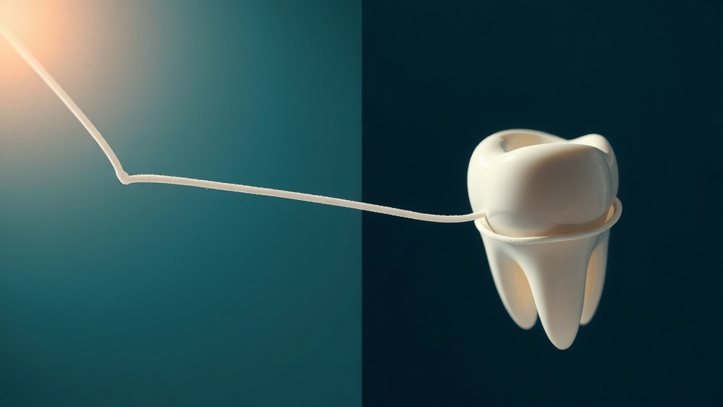 A split concept contrasting dental floss pulled violently taut and straight on the left with the same floss eased into a gentle, protective C-curve around a tooth on the right.
