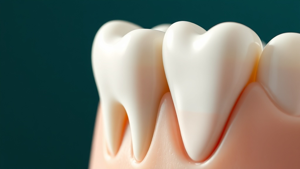 A calm, clinical macro illustration comparing a healthy tooth with a full, even gum margin to a neighbouring tooth whose gum margin has gently receded to expose more of the tooth near the root.