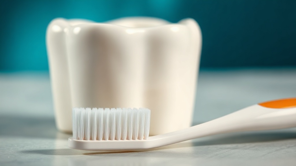A soft-bristled toothbrush held gently at an angle against a tooth near the gumline