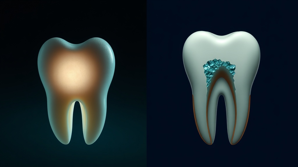 A chalky white-spot lesion re-hardening beside a cavitated tooth that cannot rebuild