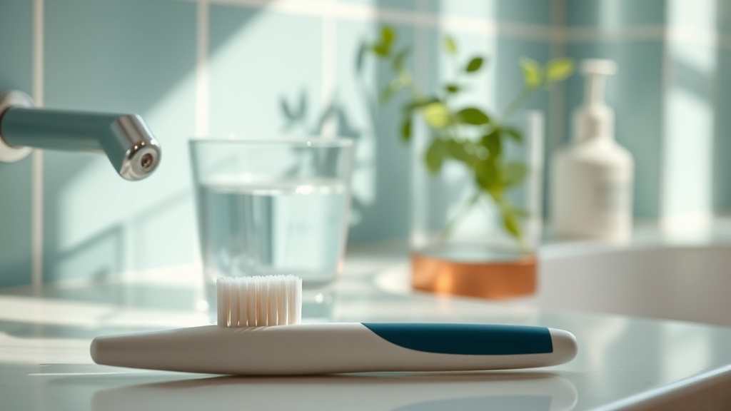 Interdental cleaning and a glass of water in soft morning light