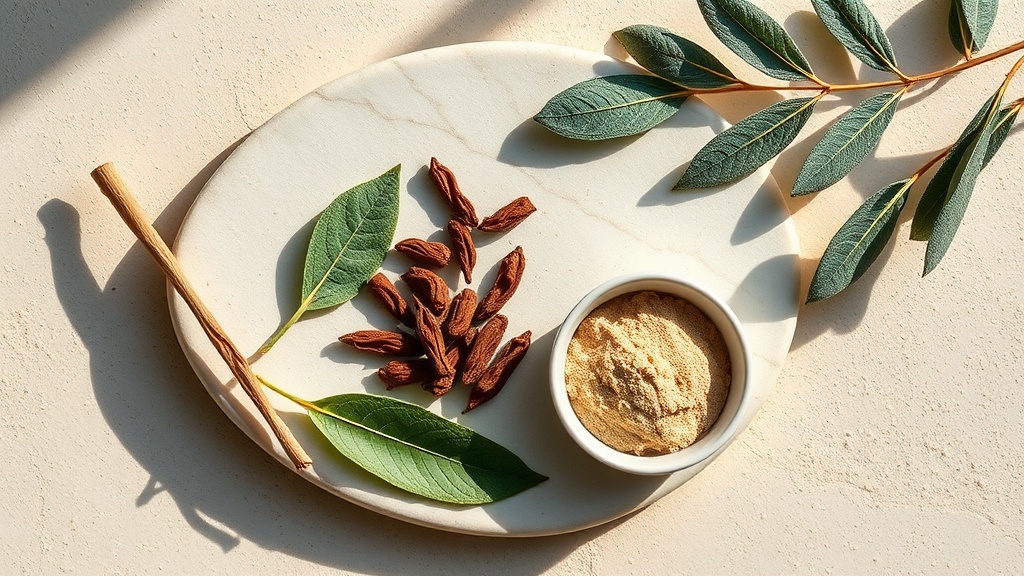 Flat-lay of neem twig, clove buds and sage leaves