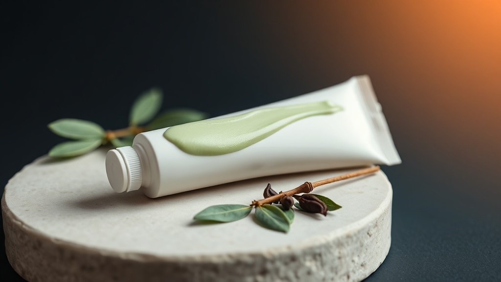 Tube of herbal toothpaste with botanical ingredients