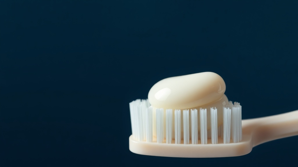 A glossy bead of pale toothpaste resting on the bristles of a soft toothbrush