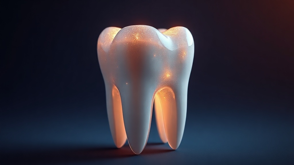 A luminous illustration of a tooth with a glowing mineral layer forming over its surface