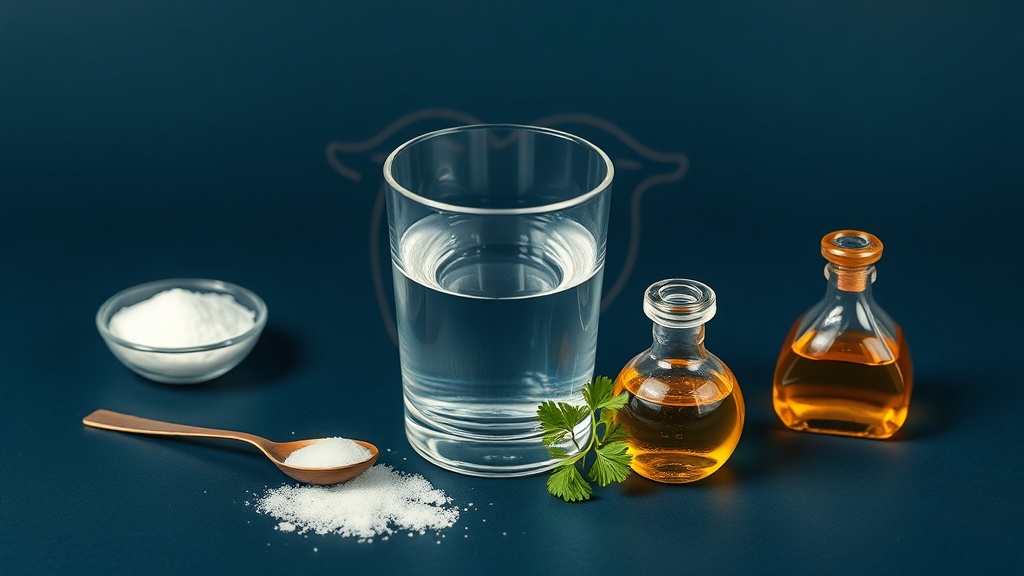 Conceptual illustration of odour bacteria on the tongue and simple kitchen remedies arrayed around a glass of water