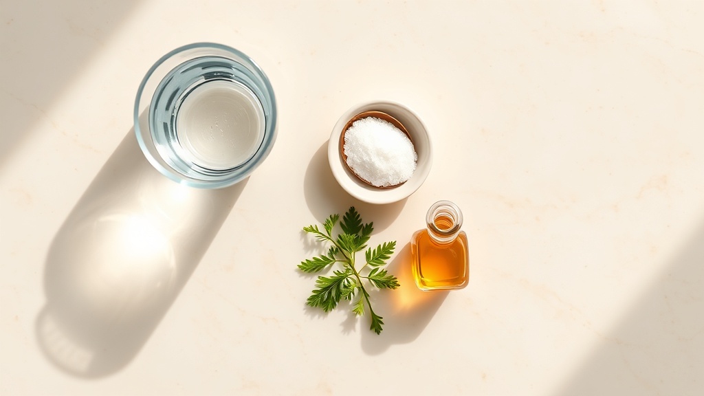 A calm arrangement of a glass of water, a dish of salt, baking soda, oil and fresh parsley on a stone surface